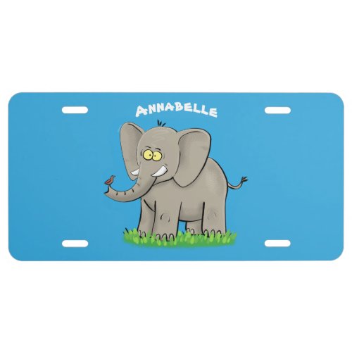 Cute funny elephant with bird on trunk cartoon  license plate