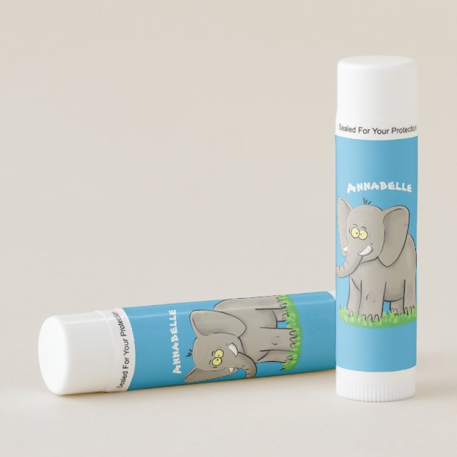 Cute funny elephant with bird on trunk cartoon lip balm (Front)