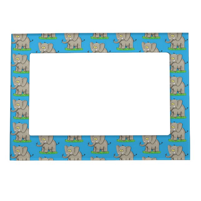 Cute funny elephant with bird on trunk cartoon magnetic frame (Front)