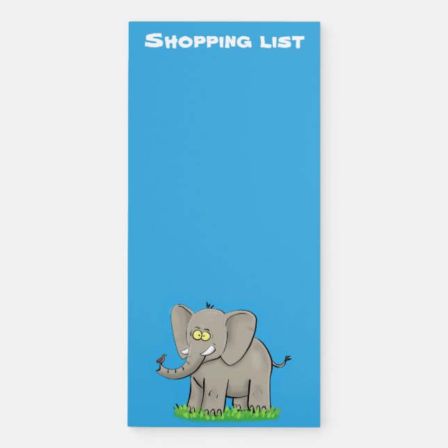 Cute funny elephant with bird on trunk cartoon magnetic notepad (Front)