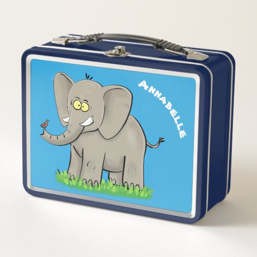 Cute funny elephant with bird on trunk cartoon metal lunch box