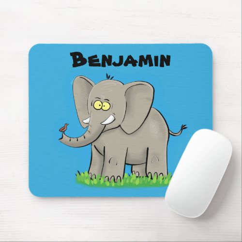 Cute funny elephant with bird on trunk cartoon mouse pad