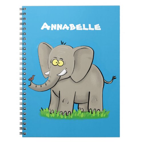 Cute funny elephant with bird on trunk cartoon notebook