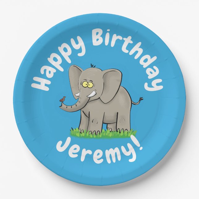 Cute funny elephant with bird on trunk cartoon paper plates (Front)