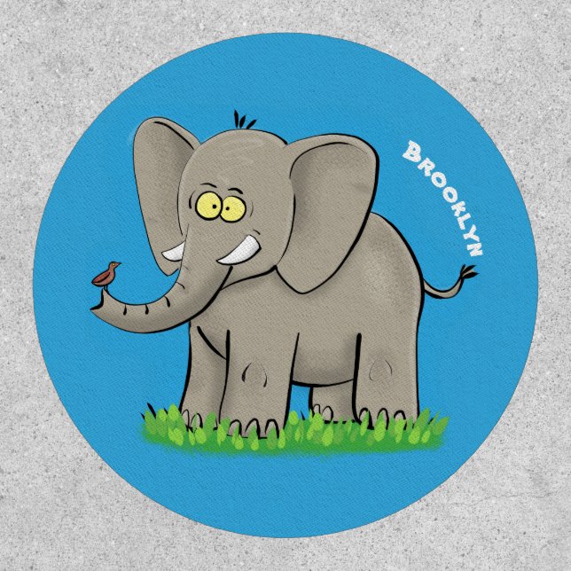 Cute funny elephant with bird on trunk cartoon patch (Front)