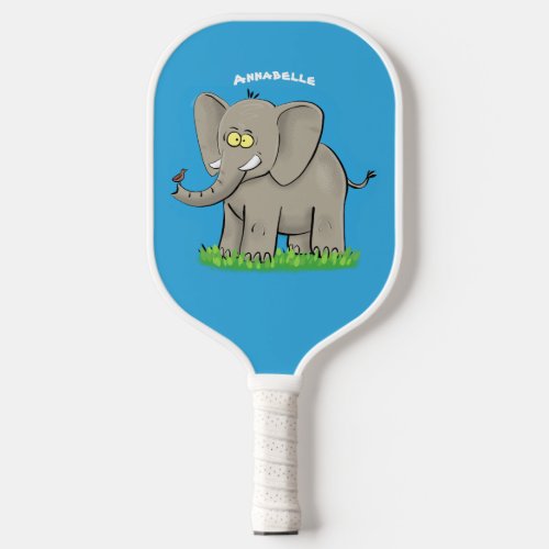 Cute funny elephant with bird on trunk cartoon pickleball paddle