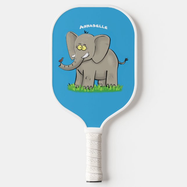 Cute funny elephant with bird on trunk cartoon pickleball paddle (Front)