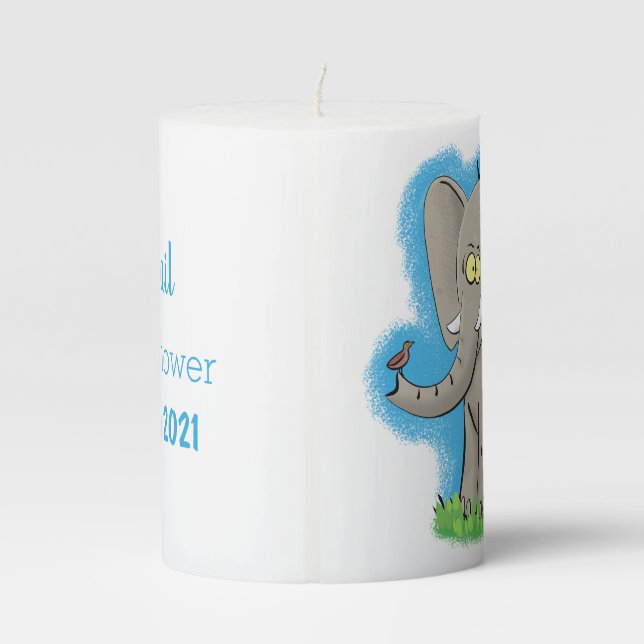 Cute funny elephant with bird on trunk cartoon pillar candle (Back)