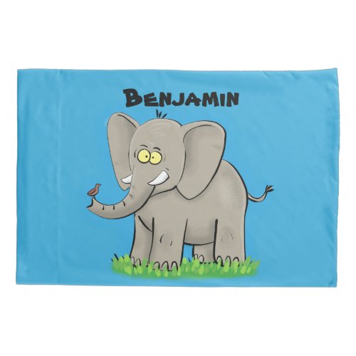 Cute funny elephant with bird on trunk cartoon pillow case