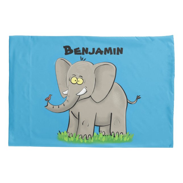 Cute funny elephant with bird on trunk cartoon pillow case (Back)