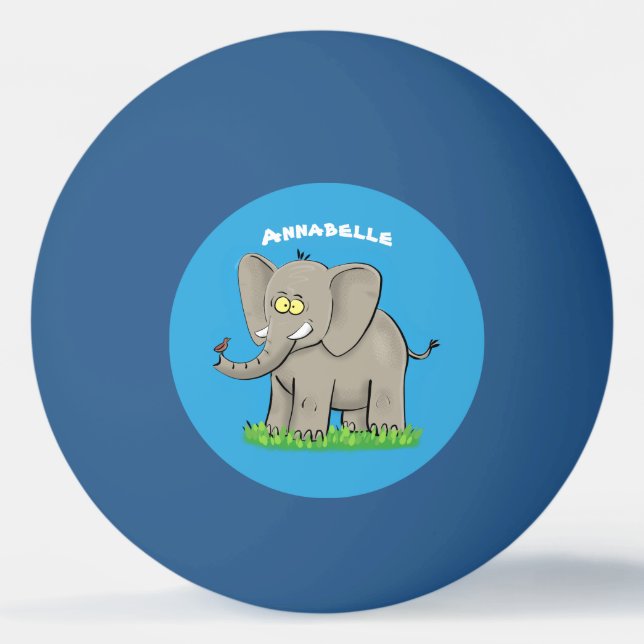 Cute funny elephant with bird on trunk cartoon ping pong ball (Front)