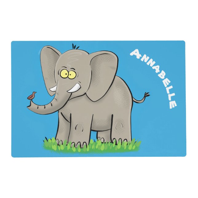 Cute funny elephant with bird on trunk cartoon placemat (Front)
