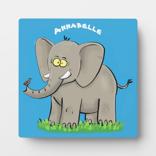 Cute funny elephant with bird on trunk cartoon plaque