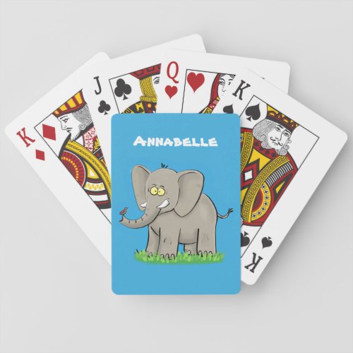 Cute funny elephant with bird on trunk cartoon poker cards