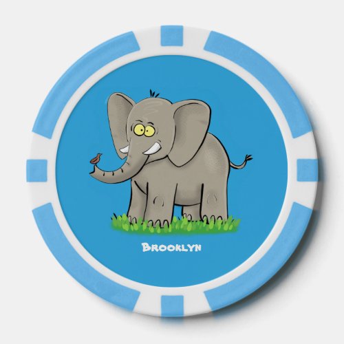Cute funny elephant with bird on trunk cartoon poker chips
