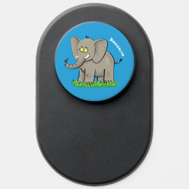 Cute funny elephant with bird on trunk cartoon PopSocket (Popsocket)