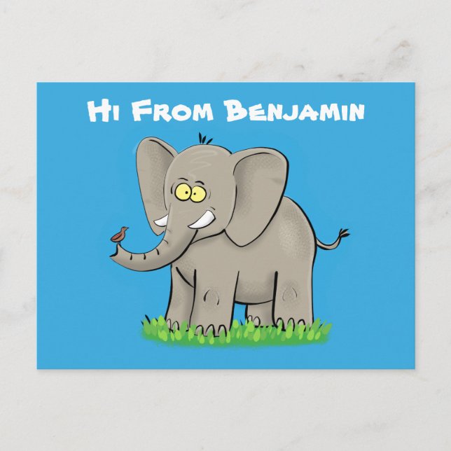 Cute funny elephant with bird on trunk cartoon postcard (Front)