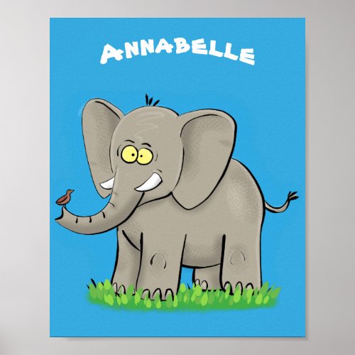 Cute funny elephant with bird on trunk cartoon poster