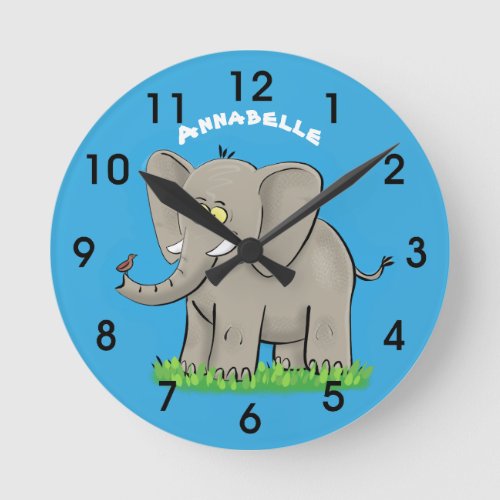 Cute funny elephant with bird on trunk cartoon round clock
