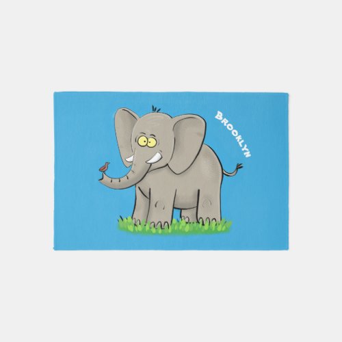 Cute funny elephant with bird on trunk cartoon rug