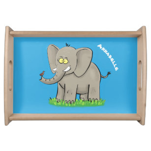 Cute funny elephant with bird on trunk cartoon serving tray