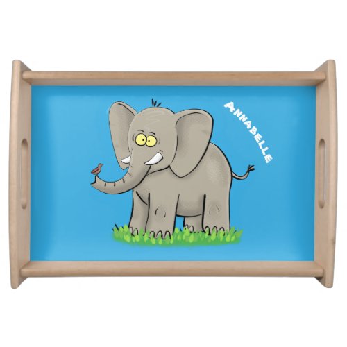 Cute funny elephant with bird on trunk cartoon serving tray