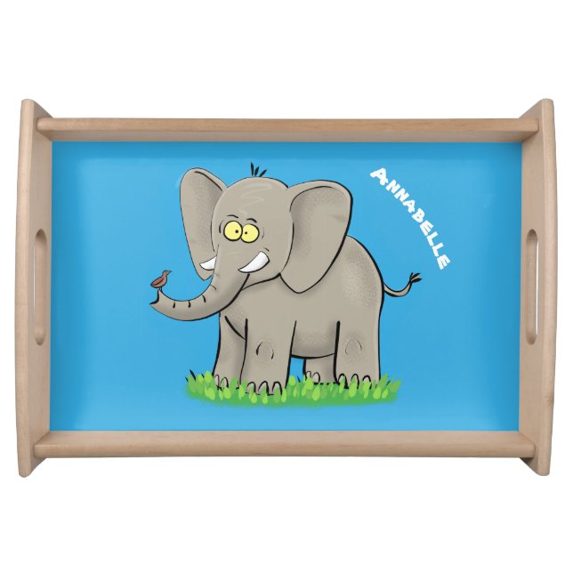 Cute funny elephant with bird on trunk cartoon serving tray (Front)