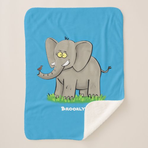 Cute funny elephant with bird on trunk cartoon  sherpa blanket