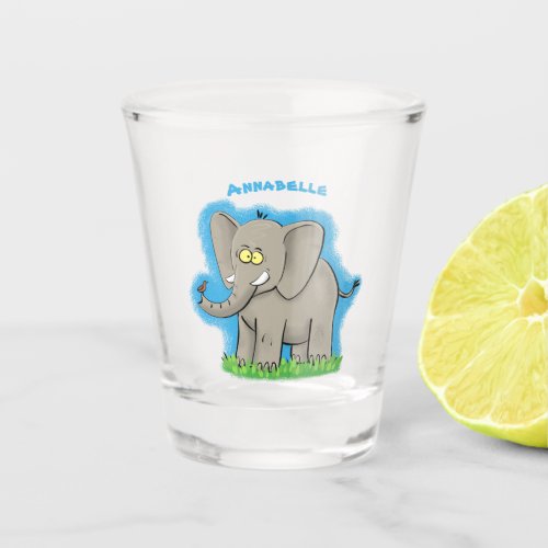 Cute funny elephant with bird on trunk cartoon shot glass