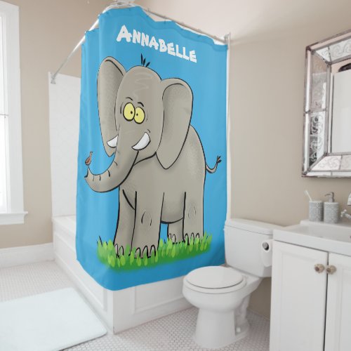 Cute funny elephant with bird on trunk cartoon shower curtain