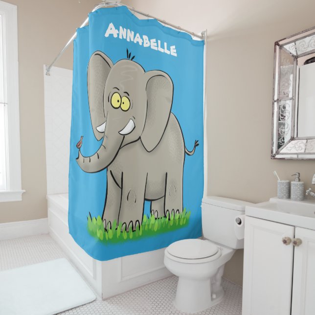 Cute funny elephant with bird on trunk cartoon shower curtain (In Situ)