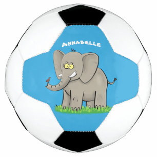 Cute funny elephant with bird on trunk cartoon soccer ball