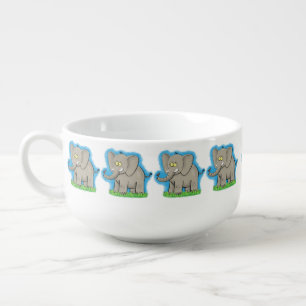 Cute funny elephant with bird on trunk cartoon soup mug
