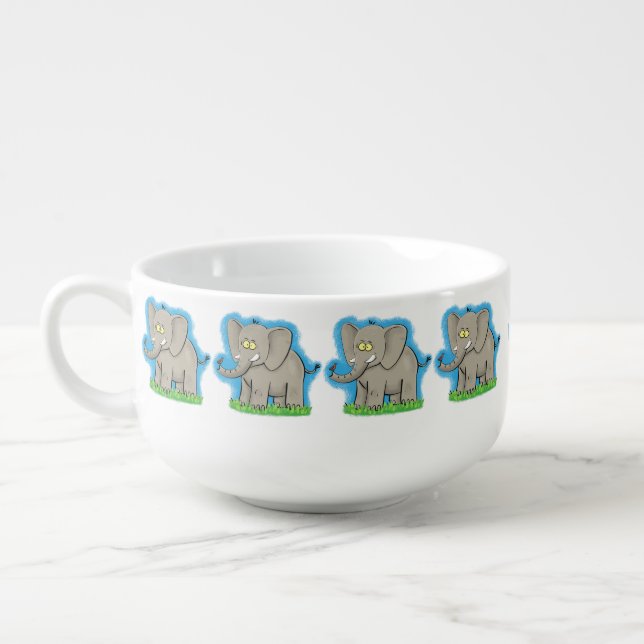 Cute funny elephant with bird on trunk cartoon soup mug (Right)