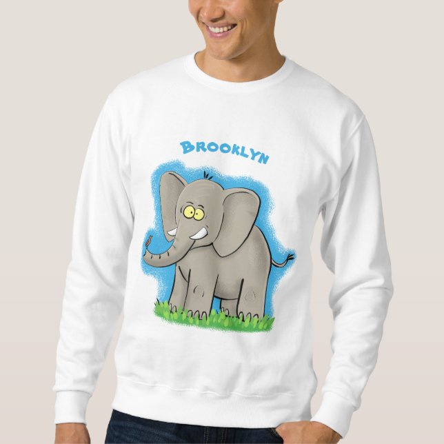 Cute funny elephant with bird on trunk cartoon sweatshirt (Front)