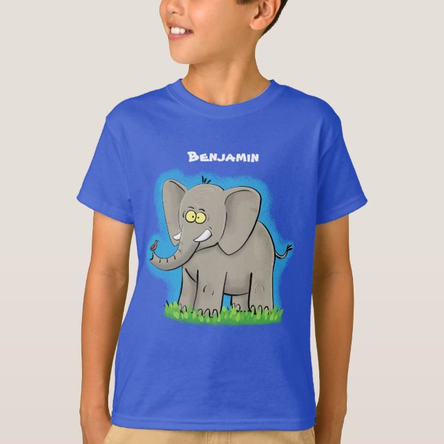 Cute funny elephant with bird on trunk cartoon T-Shirt (Front)