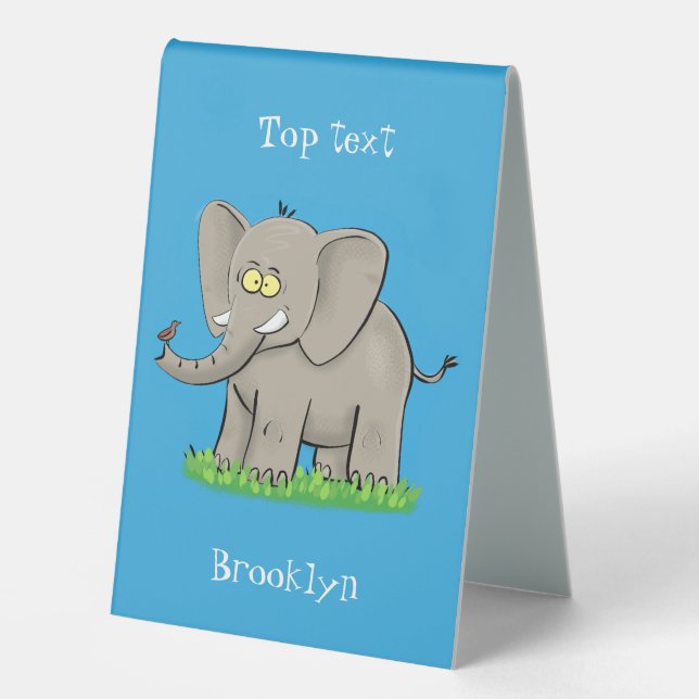 Cute funny elephant with bird on trunk cartoon table tent (Front)