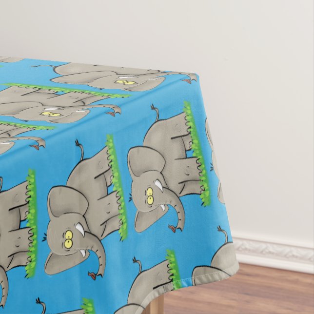 Cute funny elephant with bird on trunk cartoon tablecloth (In Situ)
