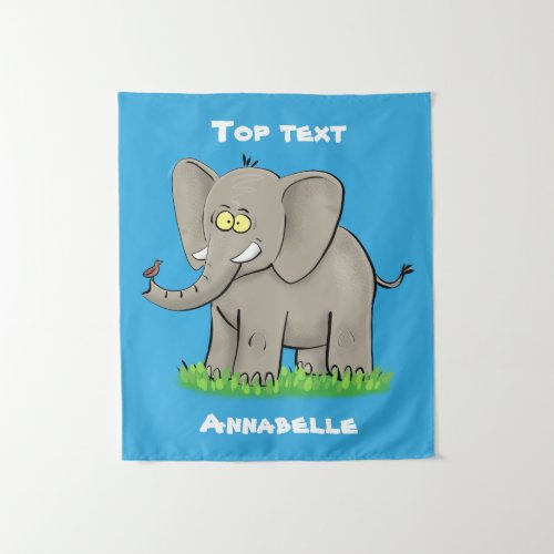 Cute funny elephant with bird on trunk cartoon tapestry