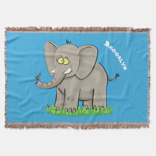 Cute funny elephant with bird on trunk cartoon throw blanket