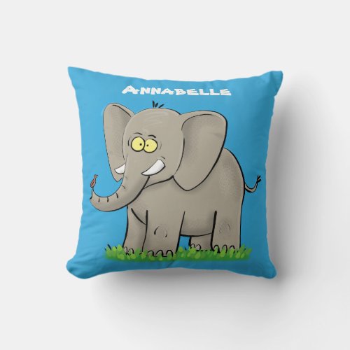 Cute funny elephant with bird on trunk cartoon throw pillow