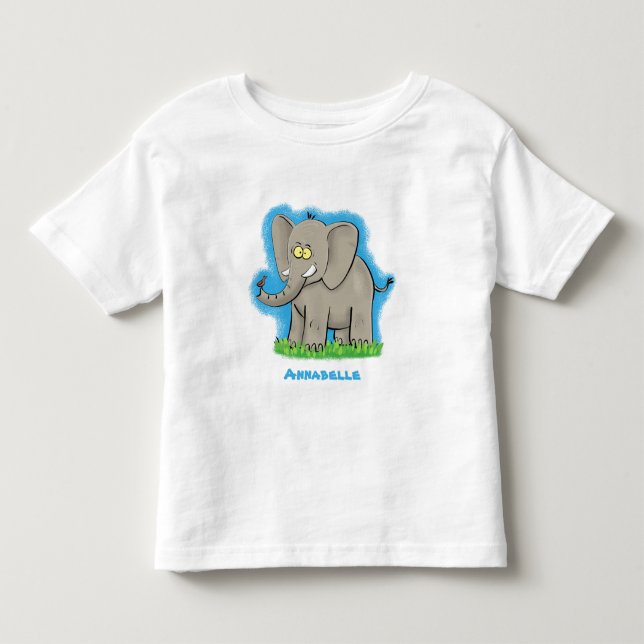 Cute funny elephant with bird on trunk cartoon toddler t-shirt (Front)