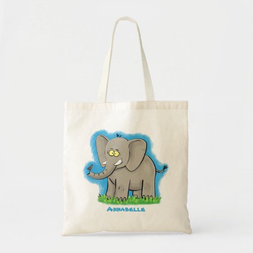 Cute funny elephant with bird on trunk cartoon tote bag