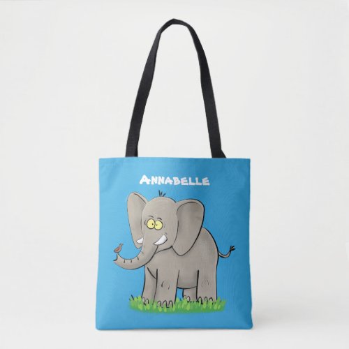 Cute funny elephant with bird on trunk cartoon tote bag