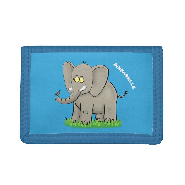 Cute funny elephant with bird on trunk cartoon trifold wallet (Front)