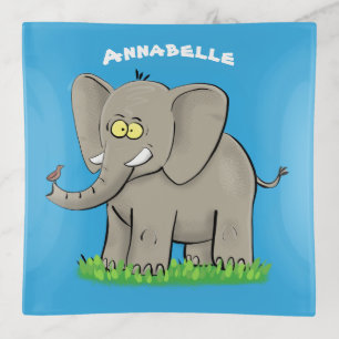 Cute funny elephant with bird on trunk cartoon trinket tray
