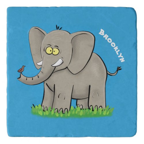 Cute funny elephant with bird on trunk cartoon trivet