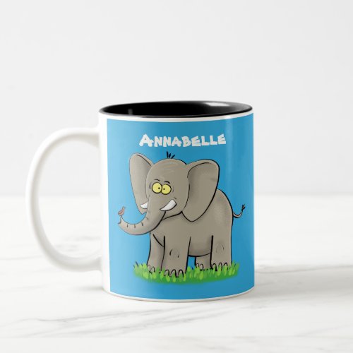 Cute funny elephant with bird on trunk cartoon Two_Tone coffee mug