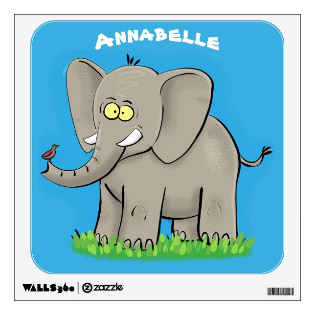 Cute funny elephant with bird on trunk cartoon wall decal (Front)