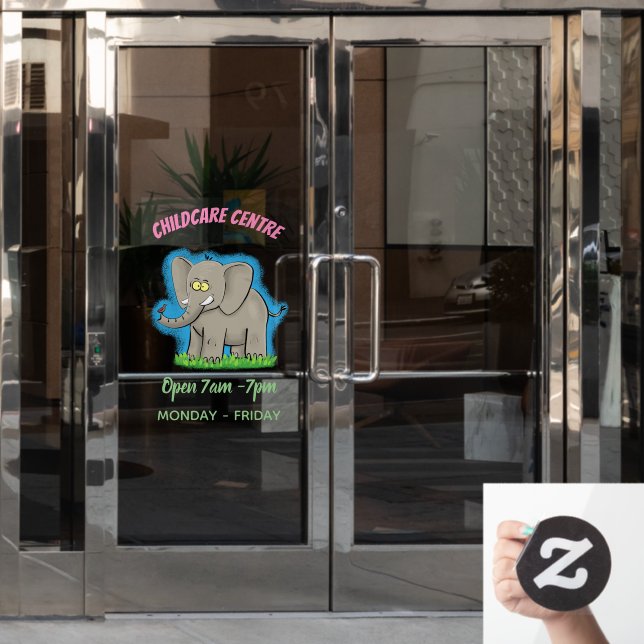 Cute funny elephant with bird on trunk cartoon window cling (Office Door)